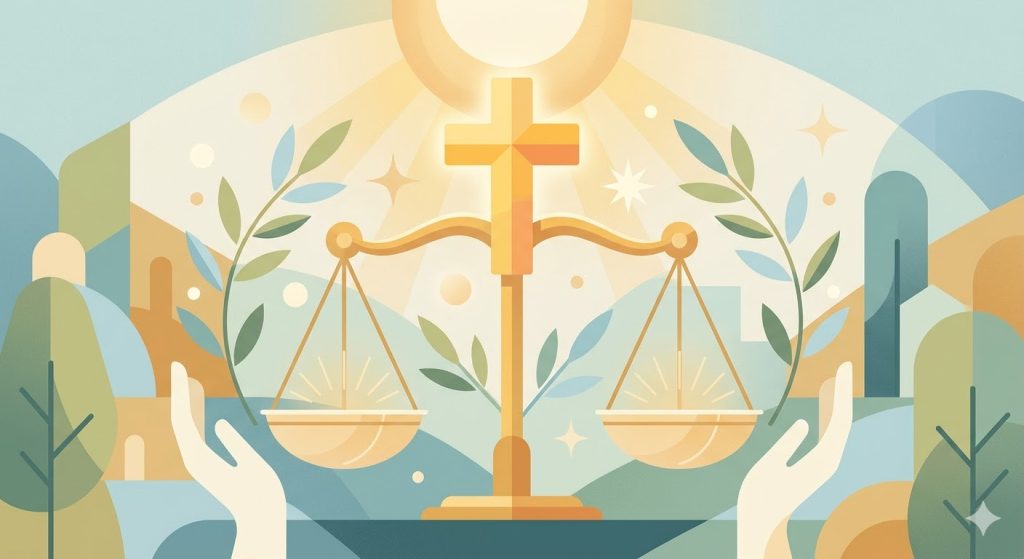 Premier Jour : La Justice Divine - une balance équilibrée surmontée d'une croix baignée dans une lumière chaude et juste